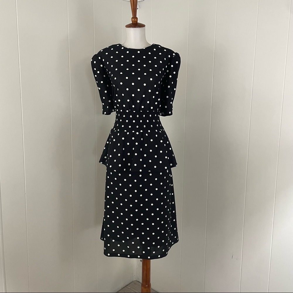 Vintage Polka Dot 1/2 Peplum Smocked Waist Midi Sheath Dress